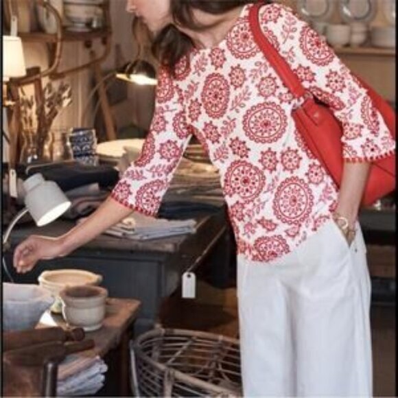 Boden womens White and Red Embroidered sheer Eyelet Floral Blouse top size 8 - Picture 1 of 11